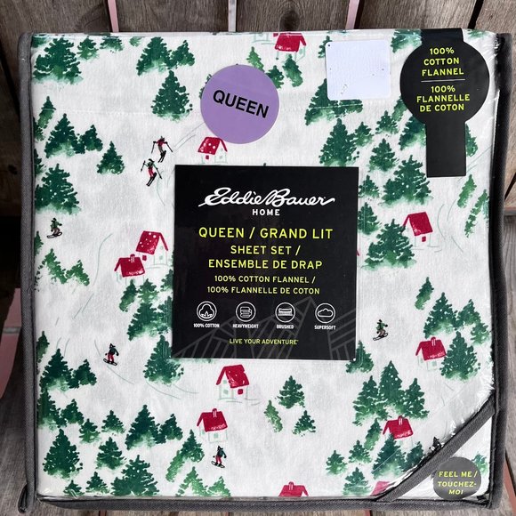 Eddie Bauer CHRISTMAS CHALET SKIING Queen Flannel Sheet Set - 100%cotton flannel